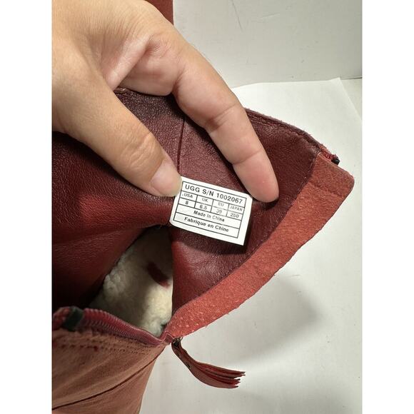 UGG Women's Bianka Boot Sz 8 High Heel Red Suede Sherpa Shearling Platform Boots - Picture 11 of 12